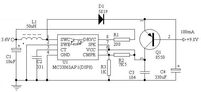 MC34063做3.6V電轉(zhuǎn)9V電路圖