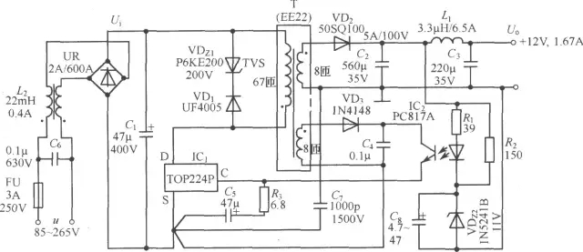 TOP224P構(gòu)成的12V、20W開(kāi)關(guān)直流穩(wěn)壓電源電路